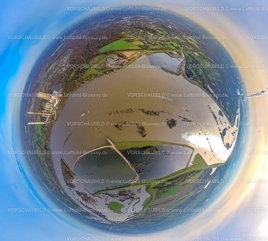 Dinslaken231190297EmschermuendungRhein | Luftbild, Hochwasser am Naturschutzgebiet Hasenfeld und Rheinvorland, gegenüber der neuen Emschermündung in den Rhein., umgeben von herbstlichen Laubbäumen, Erdkugel, Fisheye Aufnahme, Fischaugen Aufnahme, 360 Grad Aufnahme, tiny world, little planet, fisheye Bild, Möllen, Voerde, Ruhrgebiet, Nordrhein-Westfalen, Deutschland