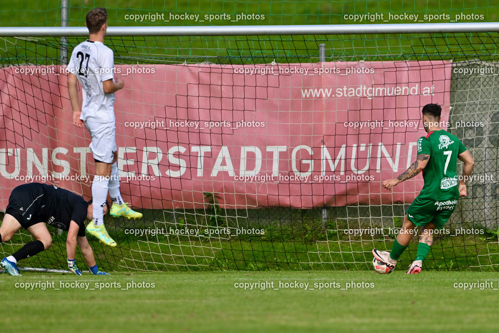 FC ASKÖ Gmünd vs. Union Matrei  | #27 Hannes Wibmer Matrei, #1 Julian Weiskopf Matrei, #7 Domen Potocnik FC Gmünd, FC ASKÖ Gmünd vs. Union Matrei , FC ASKÖ Gmünd vs. Union Matrei  am 21.09.2024 in Gmünd (Sportplatz Gmünd), Austria, (Photo by Bernd Stefan)