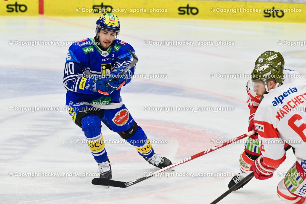 EC IDM WÄRMEPUMPEN VSV vs. HC Bozen | #40 WALLENTA Elias EC VSV, #68 Marchetti Michele HC Bozen, EC IDM WÄRMEPUMPEN VSV vs. HC Bozen, EC IDM WÄRMEPUMPEN VSV vs. HC Bozen am 14.03.2025 in Villach (Stadthalle Villach), Austria, (Photo by Bernd Stefan)