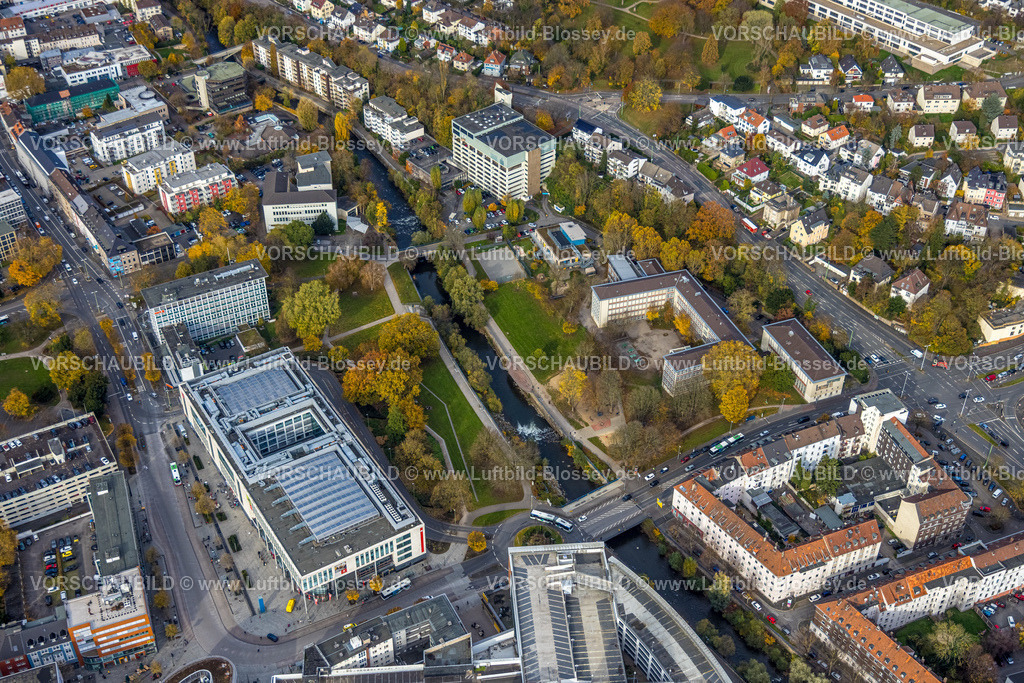 Hagen251101222 | Luftbild, Sparkassen Karree und Schule Ricarda-Huch-Gymnasium am Fluss Volme, Mittelstadt, Hagen, Ruhrgebiet, Nordrhein-Westfalen, Deutschland