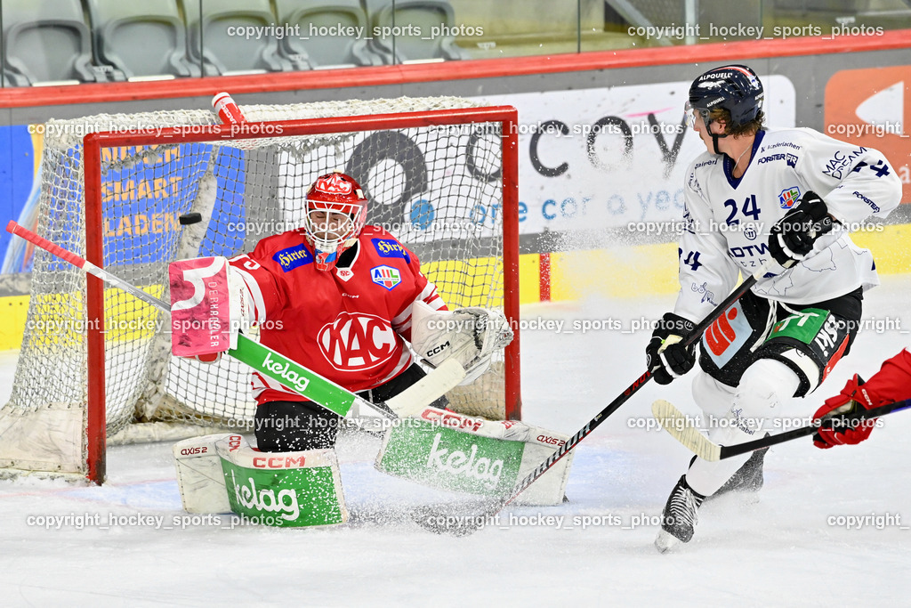 EC KAC Future Team vs. Die Adler Kitzbühl 7.10.2023 | #75 Kropiunig Ralf EC KAC FUTURE TEAM, #24 Müller Laurin EC Kitzbühel, EC KAC Future Team vs. Die Adler Kitzbühl 7.10.2023, EC KAC Future Team vs. Die Adler Kitzbühl am 07.10.2023 in Klagenfurt (Messehalle Klagenfurt), Austria, (Photo by Bernd Stefan)