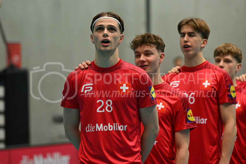 Switzerland B U19 vs Finland U19 - 2. February 2024 | Switzerland B U19 vs Finland U19
U19 Men International Matches in Switzerland
GoEasy Arena, Siggenthal Station
Switzerland defender #28 Maёl Marthaler during the national antham.
Credit: Markus Aeschimann | <a href="https://www.markus-aeschimann.ch">Sportfotografie Markus Aeschimann</a> | <a href="https://www.instagram.com/sportfotografie.aeschimann">@sportfotografie.aeschimann</a> - Realisiert mit Pictrs.com