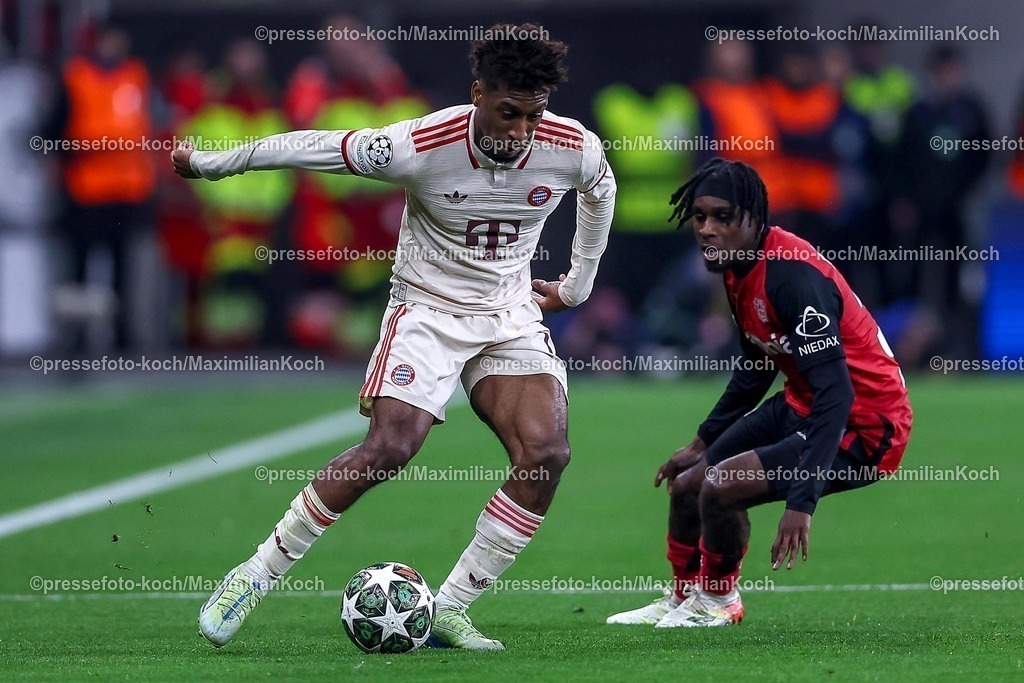 UCL11032502330 | 11.03.2025, Fußball, UEFA Champions League, Bayer 04 Leverkusen - FC Bayern München, Achtelfinale Rückspiel, BayArena, Saison 2024 2025: Kingsley Coman (FC Bayern #11) im Zweikampf gegen Jeremie Frimpong (Bayer04 Leverkusen #30)DFB regulations prohibit any use of photographs as image sequences and or quasi-video.