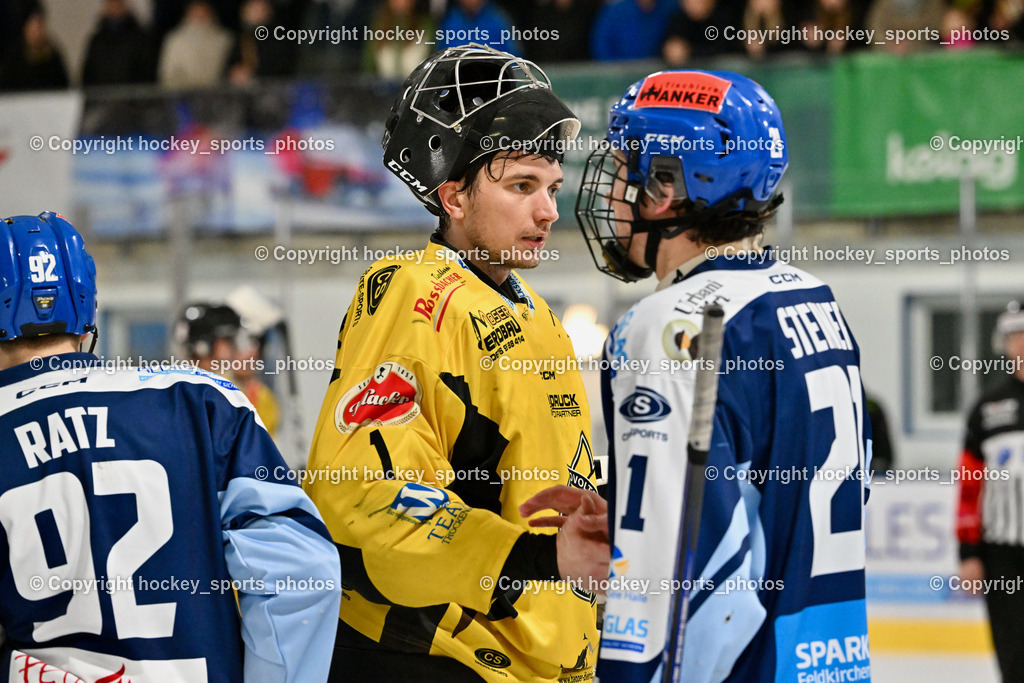 ESC Steindorf vs. EC Hornets Spittal 25.2.2024 | #1 Zauchner Rene EC Hornets Spittal, #21 Steiner Moritz ESC Steindorf, ESC Steindorf vs. EC Hornets Spittal 25.2.2024, ESC Steindorf vs. EC Hornets Spittal 25.2.2024 am 25.02.2024 in Steindorf (Ossiachersee Halle), Austria, (Photo by Bernd Stefan)