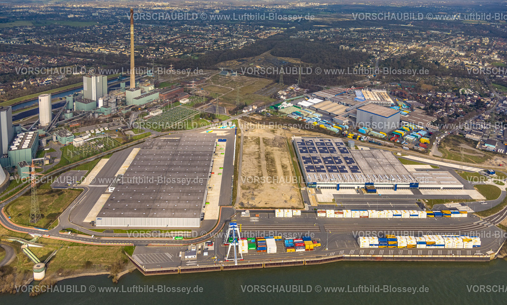 Duisburg240304724 | Luftbild, logport VI Baustelle mit Neubau, Logistikunternehmen DSV Halle und STEAG Heizkraftwerk Walsum in Alt-Walsum am Fluss Rhein, Alt-Walsum, Duisburg, Ruhrgebiet, Nordrhein-Westfalen, Deutschland, Duisburg-N