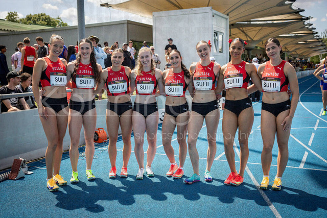 Juniorengala 2026; Mannheim, 14.06.2026 | MANNHEIM, GERMANY - JUNE 14, 2026 : Team Suisse (SUI), Relay 1 &amp; 2 (not in order: STETTLER, Carina (2008); BURI, Xenia (2008); TONAZZI, Milla (2007); SCHWITTER, Mara (2008), UMEGBOLU, Joy (2008); RANKL, Timea (2008); STADLER, Leana (2008); BISCHOFF, Lena (2007) after the 4x100m relays during the Juniorengala 2026 at Michael-Hoffmann-Stadion on June 14, 2026 in Mannheim, Germany.