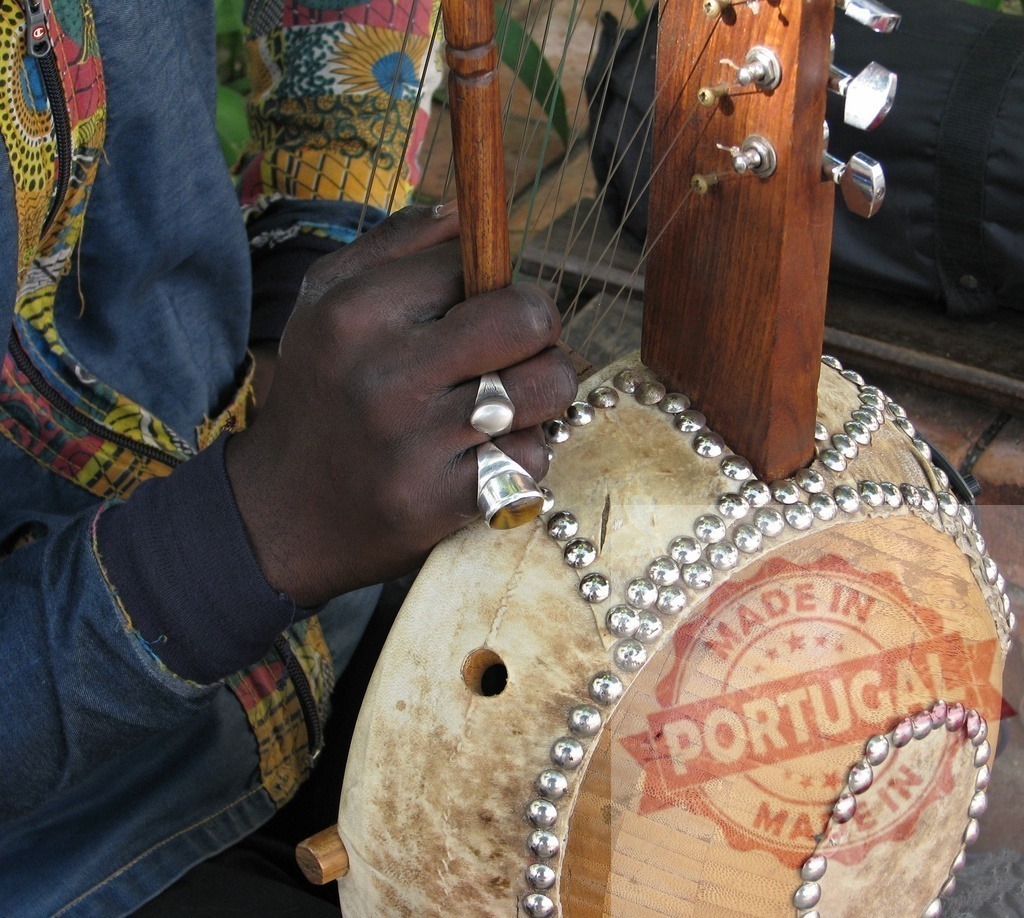 Musician playing kora, traditional west african string instrument | Musician playing traditional african harp kora with resonator made of calabash gourd and decorated with metal studs - Realized with Pictrs.com