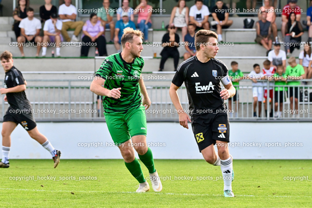 SC Landskron vs. Thal Assling  | #18 Alexander Reichmann SC Landskron, #27 Dominik Klaus Kofler Thal Assling, SC Landskron vs. Thal Assling , SC Landskron vs. Thal Assling  am 09.08.2024 in Villach (Sportanlage Landskron), Austria, (Photo by Bernd Stefan)