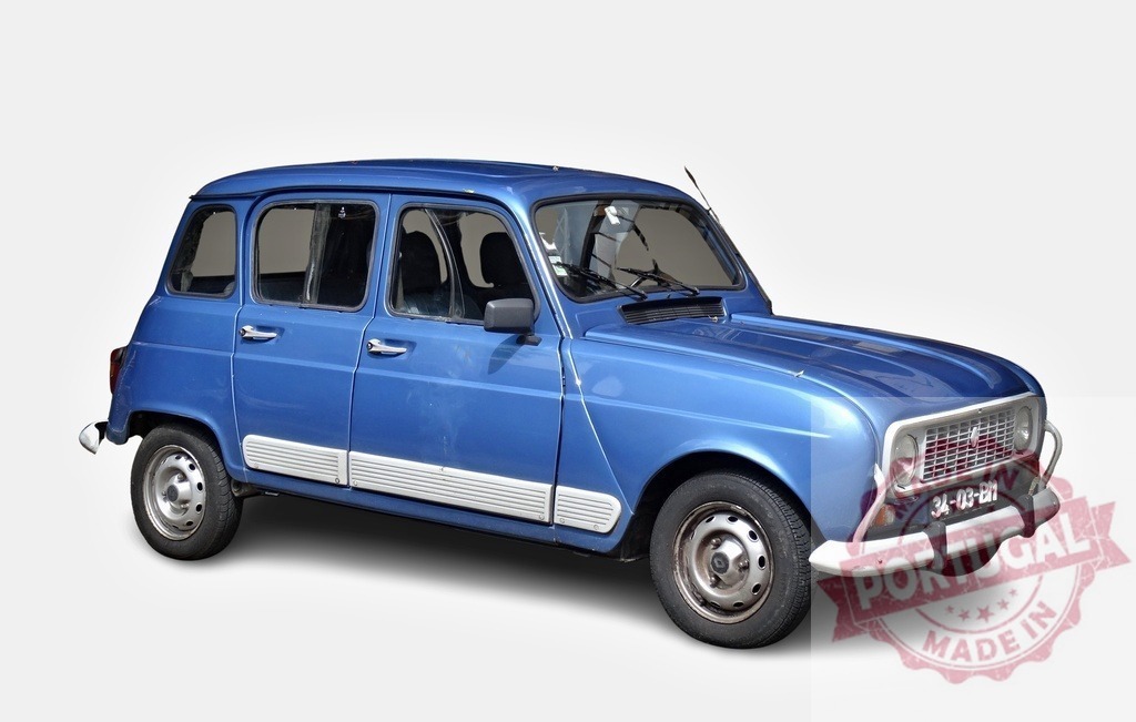 Renault 4L posing in a studio with white background | Blue Renault 4L is parked in a studio, showcasing its vintage charm against a white backdrop - Realized with Pictrs.com