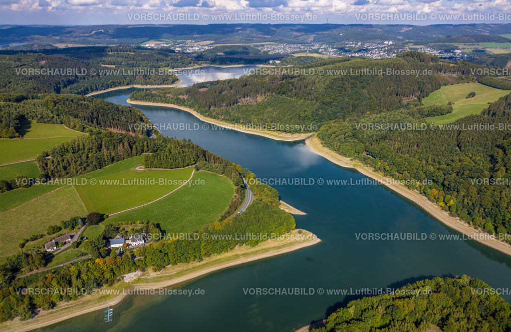 Meschede220901574 | Luftbild, Hennesee, Niedrigwasser, Berghausen, Meschede, Sauerland, Nordrhein-Westfalen, Deutschland