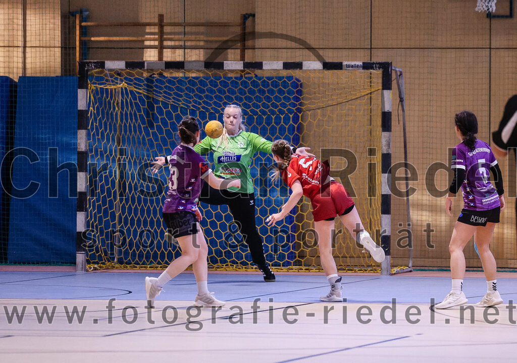 2025-02-22_060_SpVgg_Altenerding_gegen_TG_Landshut | Erding, Deutschland, 22.02.2025:Handball, Bezirksoberliga Frauen Altbayern 2024 / 2024, 15. Spieltag, SpVgg Altenerding gegen TG Landshut, Endergebnis: 25:22Katharina Künstner (SpVgg Altenerding, #23), Torfrau Hanna Obermair (SpVgg Altenerding, #1), Nadine Schlegel (TG Landshut, #57), Julia Kübelsbeck (SpVgg Altenerding, #5)Foto: Christian Riedel / fotografie-riedel.net