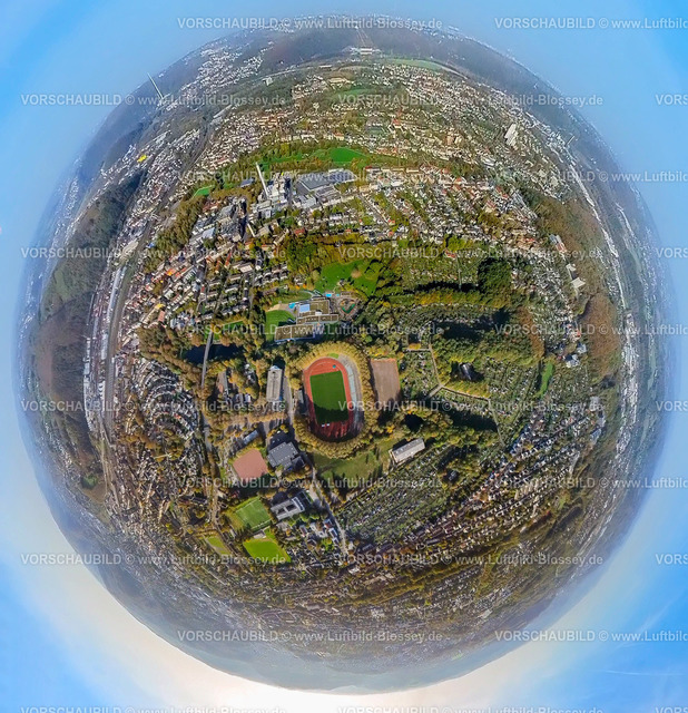 Hagen20221020_13_Ischeland-2 | Luftbild, Sportanlage Ischelandstadion, Kleingärtnerverein Ischeland, Fisheye Aufnahme, Fischaugen Aufnahme, 360 Grad Aufnahme, Altenhagen, Hagen, Ruhrgebiet, Nordrhein-Westfalen, Deutschland