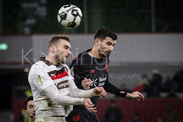 Bayer 04 Leverkusen vs. FC St. Pauli, 03.02.2026 | LEVERKUSEN, GERMANY - FEBRUARY 3:  Header of James Sands (FC St. Pauli, 6) and Martin Terrier (Bayer 04 Leverkusen, 11) during the DFB Cup quarter-final match Bayer 04 Leverkusen vs. FC St. Pauli at BayArena on February 3, 2026 in Leverkusen, Germany. (Photo by Axel Kohring/Beautiful Sports Int.)DFL REGULATIONS PROHIBIT ANY USE OF PHOTOGRAPHS AS IMAGE SEQUENCES AND/OR QUASI-VIDEO.