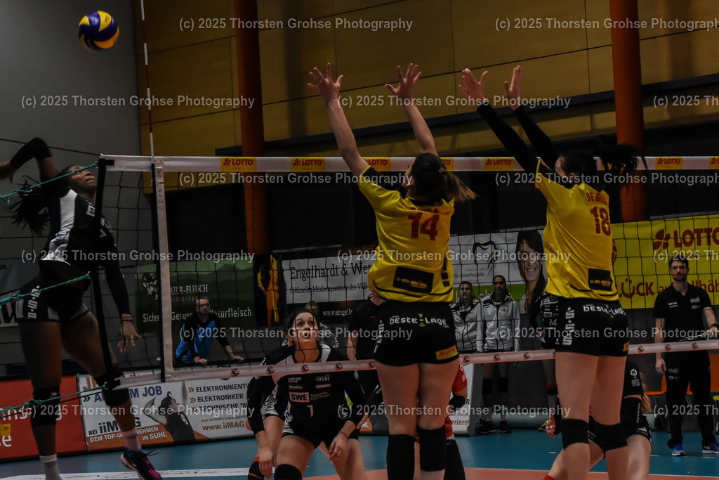 VBL VFB Suhl vs. SCHWARZ-WEISS Erfurt | Erika Mercado #7 (Schwarz-Weiss Erfurt), Bailey Marie Nichol #1 (Schwarz-Weiss Erfurt), Katarzyna Bryda #14 (VFB Suhl), Krista DeGeest #18 (VFB Suhl); VBL VFB Suhl vs. SCHWARZ-WEISS Erfurt, Volleyball-Bundesliga Frauen am 17.02.2018 in der Multihalle in Meiningen, (Deutschland) - Realisiert mit Pictrs.com