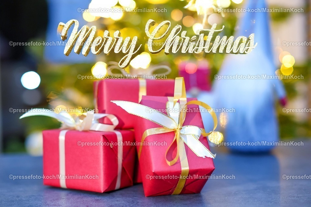 Wup23122401097a | 23.12.2024, Bad Harzburg, Verpackte Geschenke liegen unter einem geschmückten Weihnachtsbaum. Traditionell wird am 24.12.2024 Weihnachten gefeiert. Schriftzug Merry Christmas in Goldener Schrift