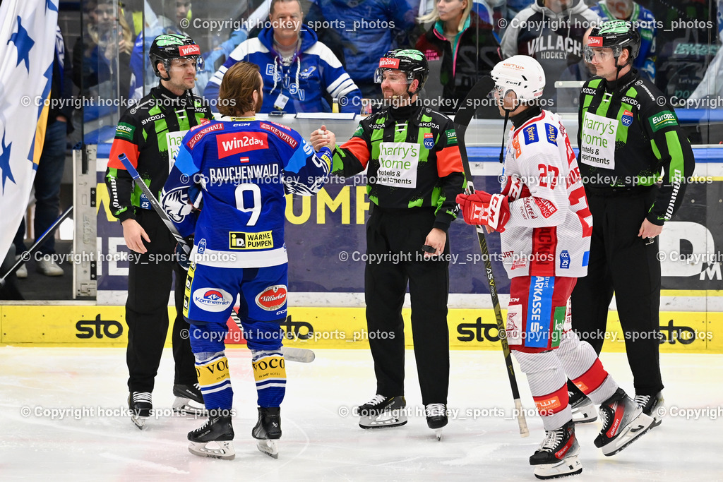 EC IDM WÄRMEPUMPEN VSV vs. EC KAC | Hornsky Tomas Referee, Nikolic Manuel Referee, Durmis Oto Referee, #9 RAUCHENWALD Alexander EC VSV, #27 Hundertpfund Thomas EC KAC, EC IDM WÄRMEPUMPEN VSV vs. EC KAC, EC IDM WÄRMEPUMPEN VSV vs. EC KAC am 02.02.2025 in Villach (Stadthalle Villach), Austria, (Photo by Bernd Stefan)