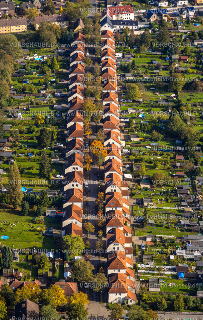 Luenen241012483 | Luftbild, Alte Kolonie - Zechensiedlung Lünen Brambauer, Reihenhäuser mit roten Dächern und Gartenanlagen, Brambauer, Lünen, Ruhrgebiet, Nordrhein-Westfalen, Deutschland