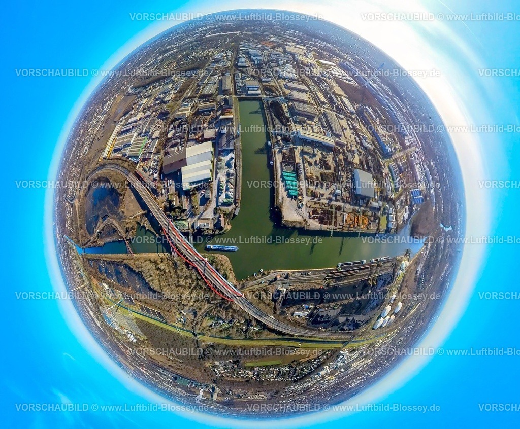 Essen240190198StadthafenEssen | Luftbild, Stadthafen Essen und gesperrte Rhein-Herne-Kanalbrücke mit rotem Geländer, Autobahn A42 Emscherschnellweg, Infrastruktur, Doppelbogenbrücke an der Stadtgrenze Bottrop, Sturmhof Kohlehafen, Erdkugel, Fisheye Aufnahme, Fischaugen Aufnahme, 360 Grad Aufnahme, tiny world, little planet, fisheye Bild, Bergeborbeck, Essen, Ruhrgebiet, Nordrhein-Westfalen, Deutschland