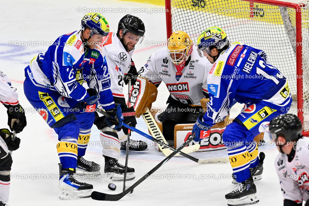 EC IDM Wärmepumpen VSV vs. Pioneers Vorarlberg | #26 Guus van Nes EC VSV, #31 David Madlener Pioneers Vorarlberg,  #13 Adam Helewka EC VSV, #28 Louie Roehl Pioneers Vorarlberg, EC IDM Wärmepumpen VSV vs. Pioneers Vorarlberg, EC IDM WÄRMEPUMPEN VSV vs. Pioneers Vorarlberg am 03.10.2025 in Villach (Stadthalle Villach), Austria, (Photo by Bernd Stefan)