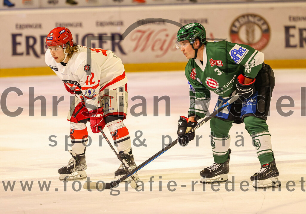 2023-10-20_112_TSV_Erding_gegen_EHC_Klostersee | Erding, Deutschland, 20.10.2023:.Eishockey, Bayernliga Vorrunde 2023 / 2024, 2. Spieltag, TSV Erding gegen EHC Klostersee, Endergebnis: 7:2..Quirin Spies (EHC Klostersee, #42), Cheyne Matheson (Erding Gladiators, #37)..Foto: Christian Riedel / fotografie-riedel.net