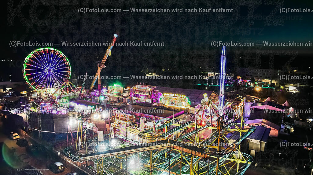 0441_Luftbild_VOLKSFEST-Wlbg_Abend-Lichterstimmung | (C)FotoLois.com, Alois Spandl, Luftbild, Wieselburger VOLKSFEST neu, Feuershow auf der Erlaufinsel unter den Brücken, Do 29. Juni 2023.