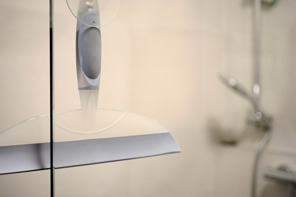 Blick in das Badezimmer mit Glasabzieher | Wien, Austria - April 13, 2023: Blick in das Badezimmer mit Glasabzieher, im Hintergrund die Brause. - Realisiert mit Pictrs.com