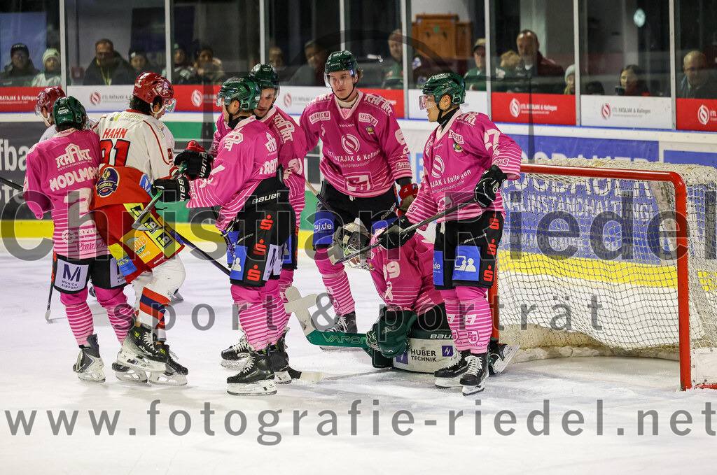 2025-10-24_062_TSV_Erding_gegen_Deggendorfer_SC | Erding, Deutschland, 24.10.2025:Eishockey, Oberliga Süd 2025 / 2026, 11. Spieltag, TSV Erding gegen Deggendorfer SC, Endergebnis: 2:4Erik Modlmayr (Erding Gladiators, #21), Dante Hahn (Deggendorfer SC, #91), Maximilian Forster (Erding Gladiators, #81), Moritz Köttstorfer (Erding Gladiators, #61), Torwart Leon Meder (Erding Gladiators, #39), Mark Waldhausen (Erding Gladiators, #27)Foto: Christian Riedel / fotografie-riedel.net