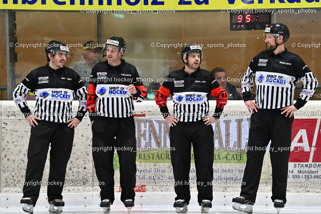 EC Hornets Spittal vs. ESC Steindorf 23.2.2024 | Grimmiger Raphael Referee, DREIER Alexander Referee, WIDMANN Floria Referee, MIKE David Norbert Referee, EC Hornets Spittal vs. ESC Steindorf 23.2.2024, EC Hornets Spittal vs. ESC Steindorf 23.2.2024 am 23.02.2024 in Spittal an der Drau (Eissportzentrum Spittal), Austria, (Photo by Bernd Stefan)