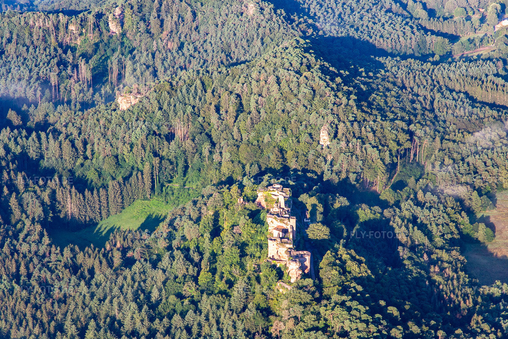 Luftbild: Burgenmassiv Altdahn mit Burgruinen Granfendahn und Tanstein in Dahn im Bundesland Rheinland-Pfalz in Deutschland. Foto: IMG_143081.jpg vom 06.08.2024 durch Werner Riehm/FLY-FOTO.deWWW.WANDERPARADIES-WASGAU.DE