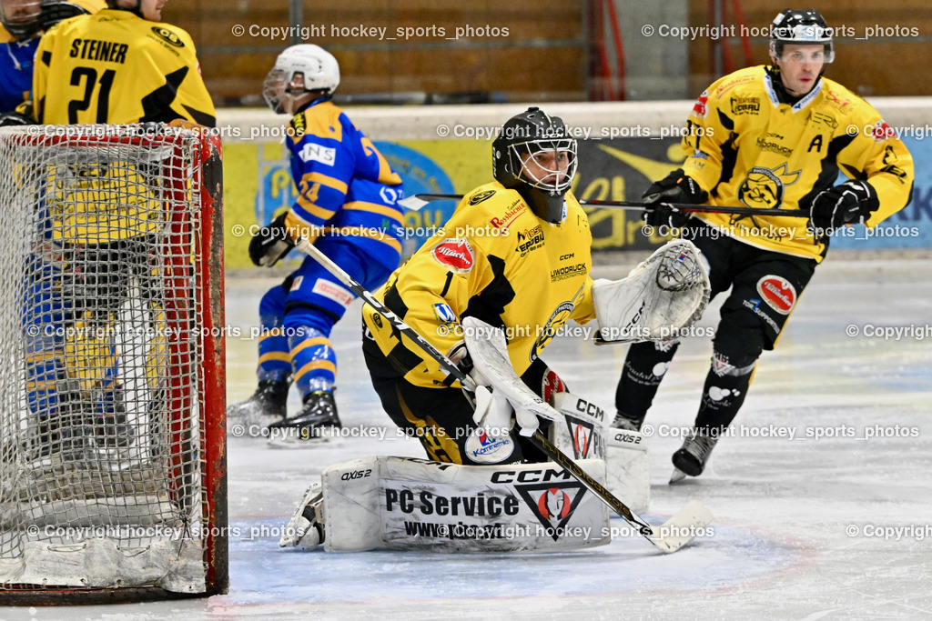 EC MET PHOTOVOLTAIK HORNETS SPITTAL vs. EHC Althofen  | #1 Zauchner Rene EC Hornets Spittal, #27 Moser Daniel EC Hornets Spittal, EC MET PHOTOVOLTAIK HORNETS SPITTAL vs. EHC Althofen , EC MET PHOTOVOLTAIK HORNETS SPITTAL vs. EHC Althofen  am 25.01.2025 in Villach (Stadthalle Villach), Austria, (Photo by Bernd Stefan)