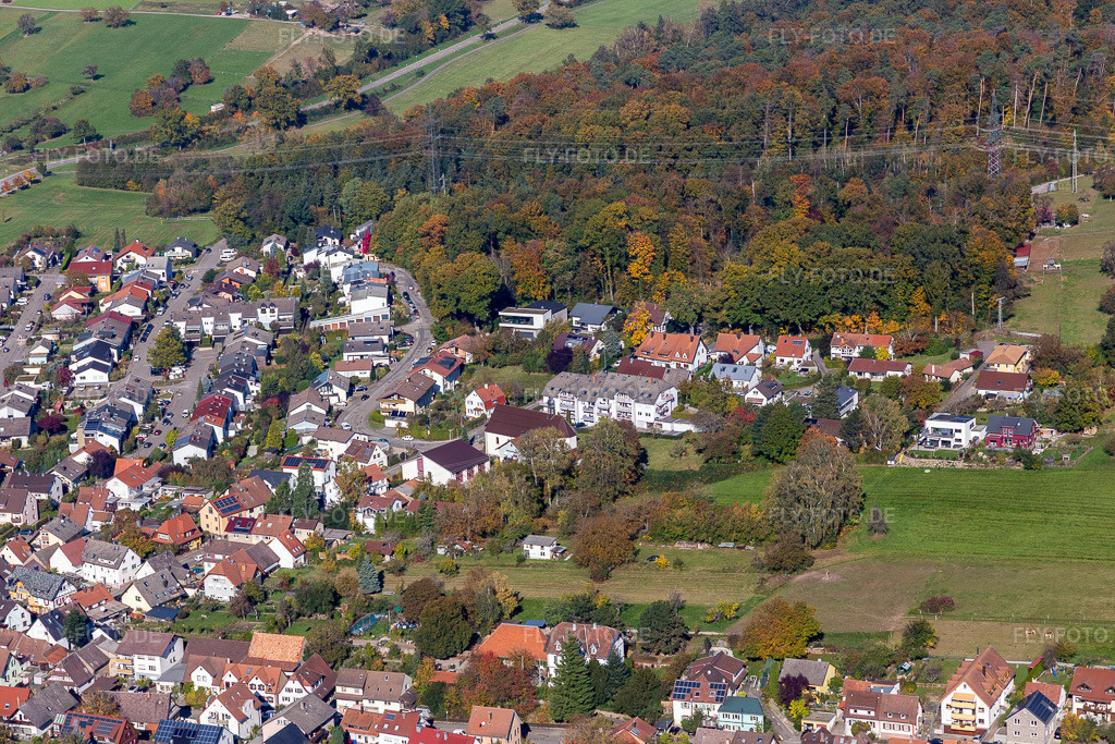 Luftbild: Wilhelm-Roether-Straße im Ortsteil Langensteinbach in Karlsbad im Bundesland Baden-Württemberg in Deutschland. Foto: IMG_129936.jpg vom 24.10.2021 durch Werner Riehm/FLY-FOTO.de