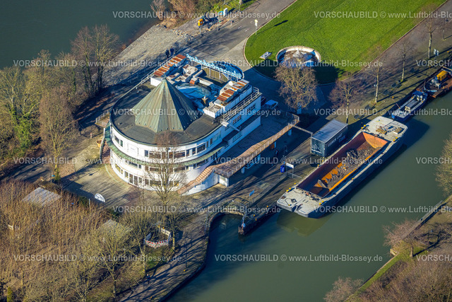 Muelheim230201150 | Luftbild, Sanierungsbedürftiger Wasserbahnhof an der Ruhrschleuse am Fluss Ruhr, Altstadt I - Südwest, Mülheim an der Ruhr, Ruhrgebiet, Nordrhein-Westfalen, Deutschland