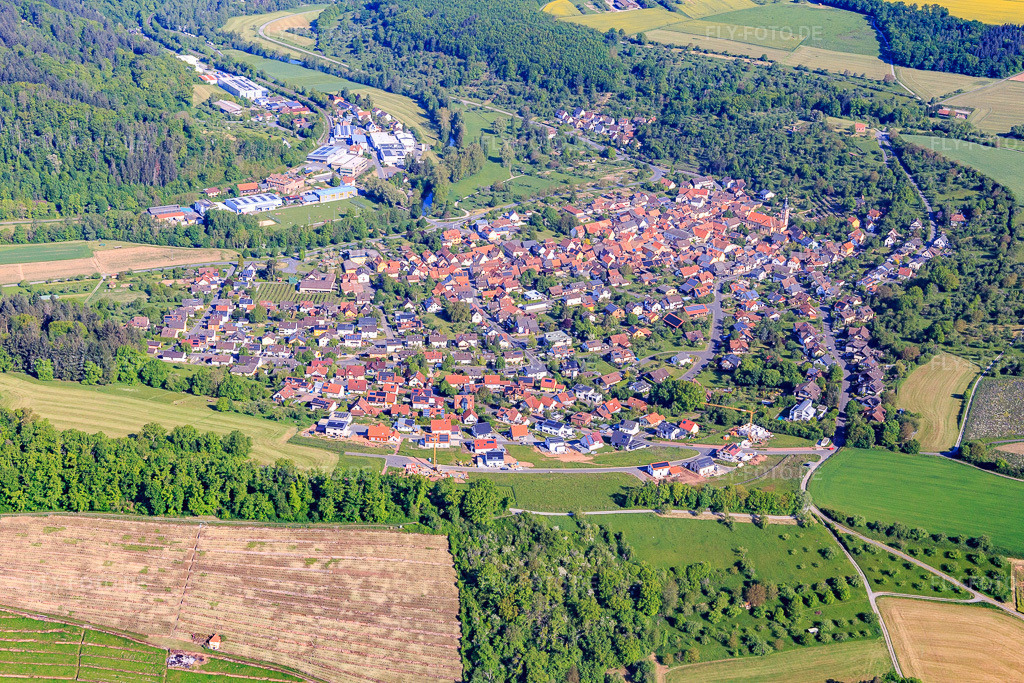 Luftbild: Dorfansicht im Lieblichen Taubertal aus Süden im Ortsteil Reicholzheim in Wertheim im Bundesland Baden-Württemberg in Deutschland. Foto: IMG_146591.jpg vom 10.05.2025 durch Werner Riehm/FLY-FOTO.de