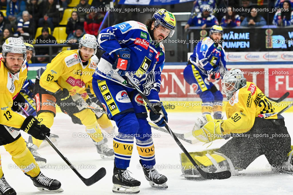 EC IDM Wärmepumpen VSV vs. Vienna Capitals | #13 Adam Helewka EC VSV, #13 Randy Gazzola Vienna Capitals, #30 Sebastian Wraneschitz Vienna Capitals, #62 Mitch Hults Vienna Capitals, EC IDM Wärmepumpen VSV vs. Vienna Capitals, EC IDM Wärmepumpen VSV vs. Vienna Capitals am 28.01.2026 in Villach (Stadthalle Villach), Austria, (Photo by Bernd Stefan)
