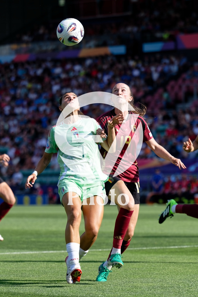 Belgium v Italy - UEFA Women's EURO 2025 Group B | SION, SWITZERLAND - JULY 3: Sofia Cantore of Italy (L) Sari Kees of Belgium (R) competes for an air ball during the UEFA Womens EURO 2025 Group B match between Belgium and Italy at Stade de Tourbillon on July 3, 2025 in Sion, Switzerland. (Photo by Giuseppe Velletri/Sports Press Photo/Getty Images)
