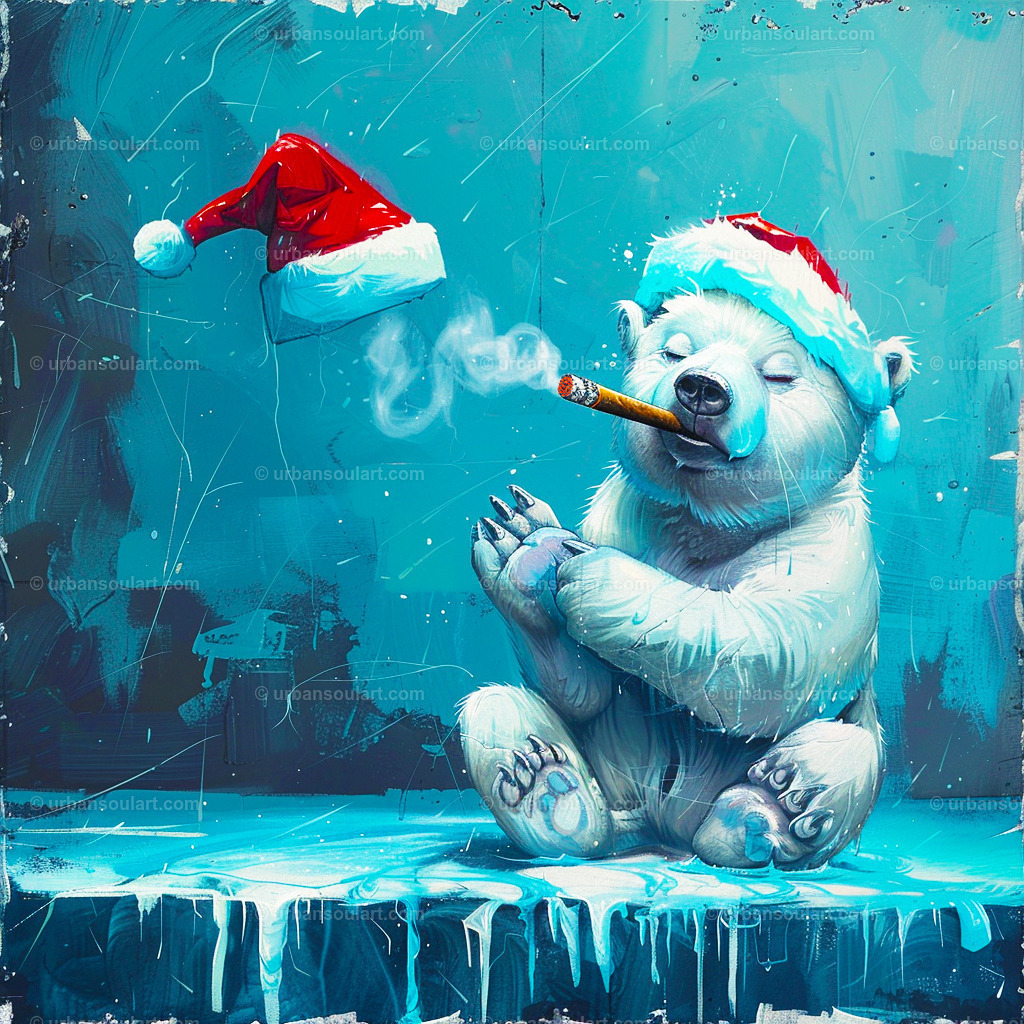 Smoking Icebear With Santa Hat | A whimsical image of a polar bear with a Santa hat and a lit cigar, exuding coolness. Great for those seeking unconventional and humorous Christmas decor. - Realisiert mit Pictrs.com