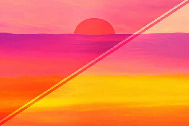 Solis (Celestial Series) | Celestial contemplates our eternal search for something greater than ourselves. The presence of precise geometric shapes layered over fields of vibrant sunset colors addresses the tension between human intellect and the unknown mysteries of the universe. The viewer is suspended in limbo, between the physical world and the spiritual realm. In the last image of the series, human consciousness transcends from a terrestrial landscape to cosmic awareness. This is a preview image. The original has a resolution of 10630 x 7087 px. - Realisiert mit Pictrs.com