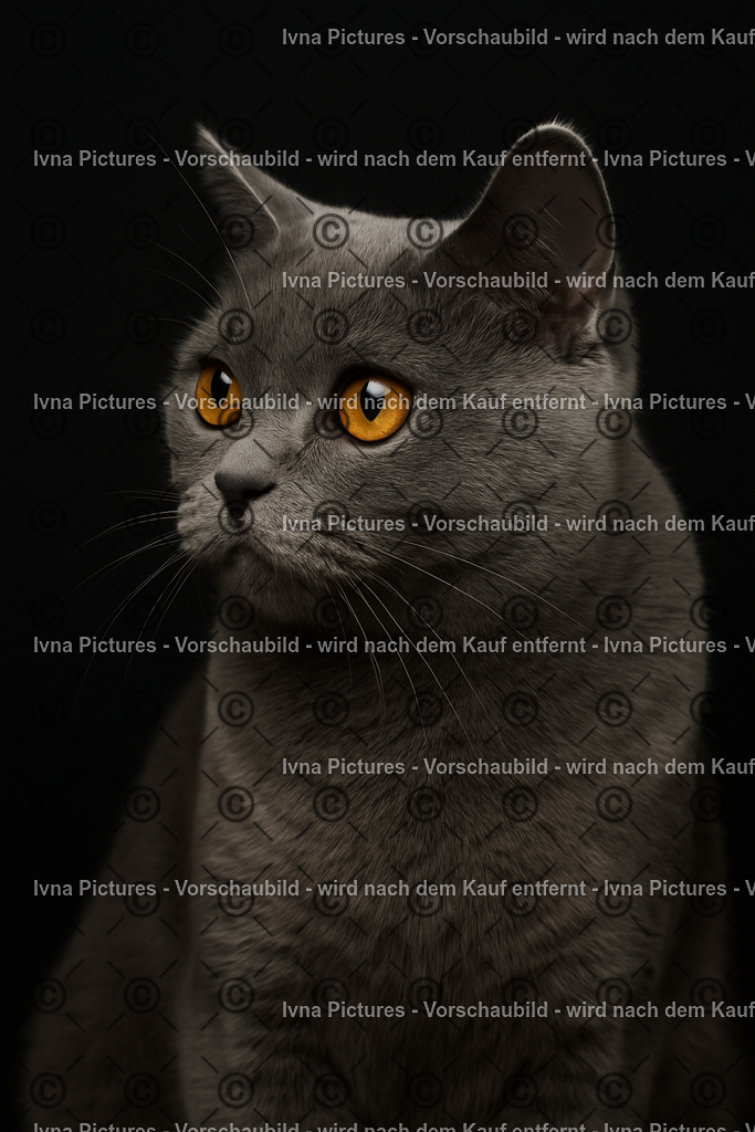 Katze im Schatten | Eine Russisch-Blau Katze mit grauem Fell und leuchtenden Bernsteinaugen hebt sich vor schwarzem Hintergrund ab. Ihre edle Erscheinung und der intensive Blick verleihen dem Bild Eleganz und Tiefe. - Realisiert mit Pictrs.com