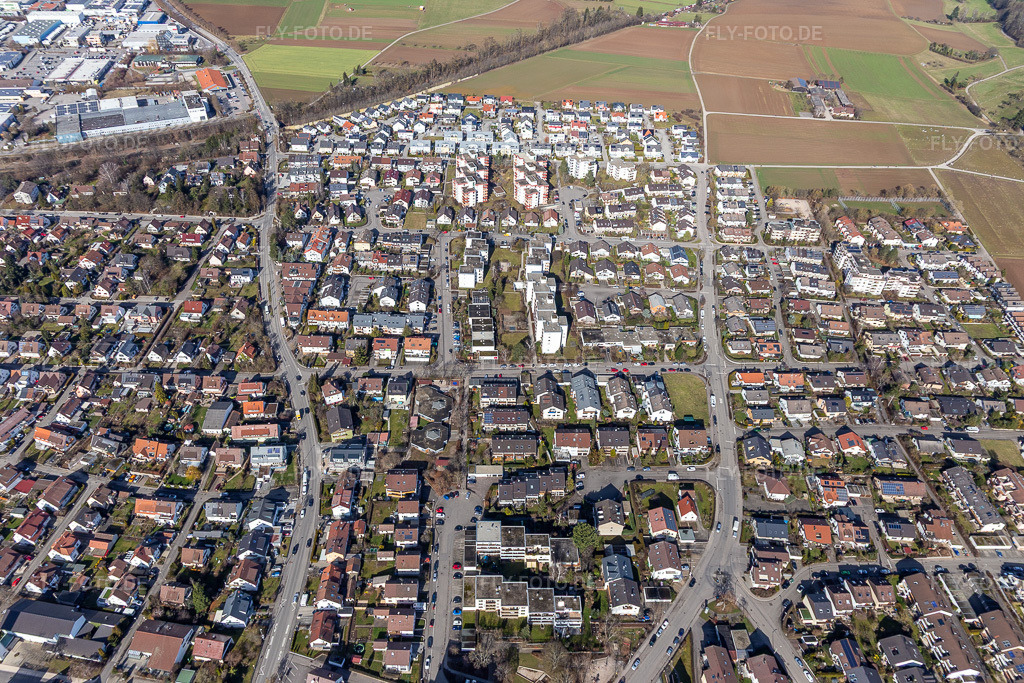 Luftbild: Rutesheimer Straße und Alemannenstr von Süden in Renningen im Bundesland Baden-Württemberg in Deutschland. Foto: IMG_124994.jpg vom 20.02.2021 durch Werner Riehm/FLY-FOTO.de