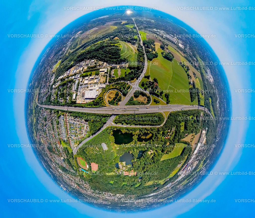 Gladbeck240890543A2Bundesstrasse224 | Luftbild, Autobahn A2, Anschlussstelle Essen/Gladbeck, Bundesstraße B224, LKW in der Ausfahrt-Schleife, unten Wasserschloss Wittringen, links Gewerbegebiet  Europastraße, Erdkugel, Fisheye Aufnahme, Fischaugen Aufnahme, 360 Grad Aufnahme, tiny world, little planet, fisheye Bild, Butendorf, Gladbeck, Ruhrgebiet, Nordrhein-Westfalen, Deutschland