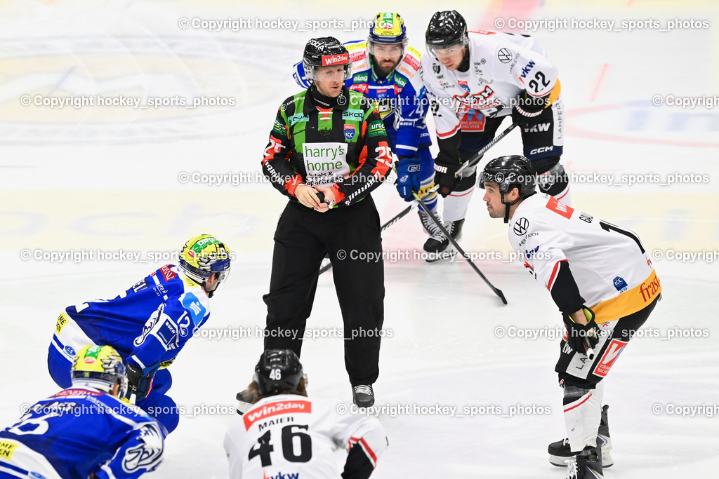 EC IDM Wärmepumpen VSV vs. Pioneers Vorarlberg | #12 Cole Gallant Pioneers Vorarlberg, REZEK GREGOR Referee, #12 Brett Budgell EC VSV, #74 Joel Teasdale EVC VSV, #22 Luca Erne Pioneers Vorarlberg, EC IDM Wärmepumpen VSV vs. Pioneers Vorarlberg, EC IDM Wärmepumpen VSV vs. Pioneers Vorarlberg am 22.02.2026 in Villach (Stadthalle Villach), Austria, (Photo by Bernd Stefan)