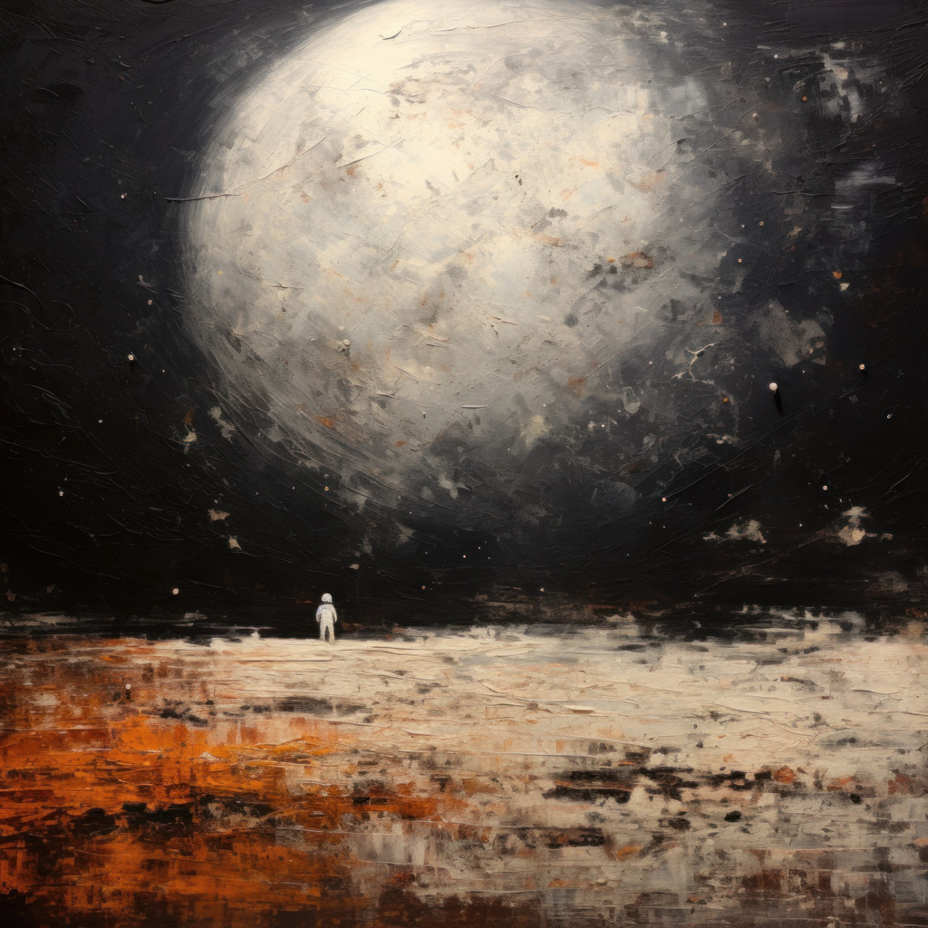 2307250 - Kleiner Astronaut | Bestellen Sie dieses digitale illustrative Gemälde eines kleinen Astronauten auf einem einsamen Planeten als hochwertigen Kunstruck auf Leinwand, Acrylglas, Alu-Dibond oder als Poster.