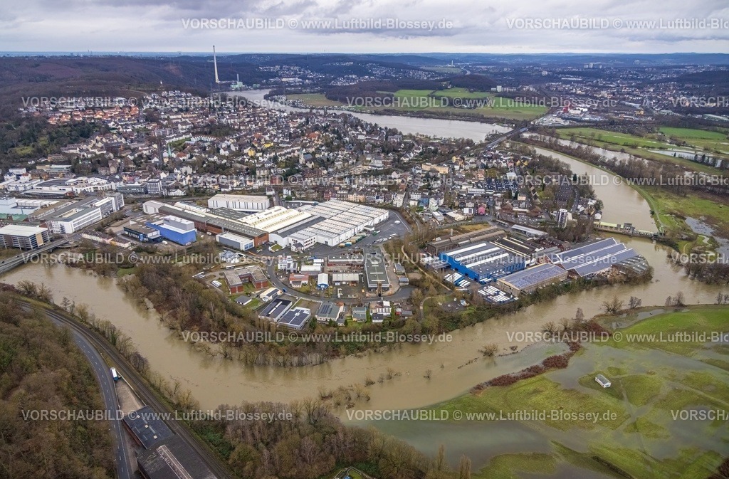 Wetter231201798Ruhr-topaz | Luftbild, Ruhrhochwasser, Weihnachtshochwasser 2023, Fluss Ruhr tritt nach starken Regenfällen über die Ufer, Überschwemmungsgebiet Ruhraue und Obergraben In den Weiden, Stadtansicht Wetter mit Harkortsee, Vorhalle, Hagen, Ruhrgebiet, Nordrhein-Westfalen, Deutschland