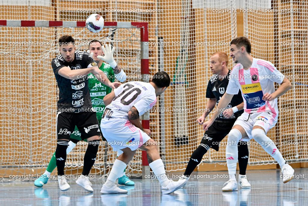 Carinthia Flamengo Futsal Club vs. FC Ljuti Krajisnici | #24 Dominik Hemmelmayer FC Ljuti Krajisnici, #10 Kenan Salo FC Ljuti Krajisnici, #70 Yosifov Svetlozar Angelov Carinthia Flamengo, #2 Faris Buljubasic Carinthia Flamengo, #27 Adnan Hodzic FC Ljuti Krajisnici, Carinthia Flamengo Futsal Club vs. FC Ljuti Krajisnici, Carinthia Flamengo Fusal Club vs. FC Ljuti Krajisnici am 12.10.2025 in Klagenfurt (Ballspielhalle Viktring), Austria, (Photo by Bernd Stefan)