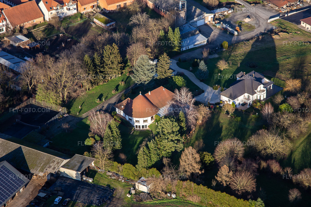 Aerial view: Rue de Hostenberg in Niederlauterbach in the state Bas-Rhin, France.Photo: IMG_135707.jpg taken on 01/03/2023 by Werner Riehm/FLY-FOTO.comResolution of the original: 5472 x 3648 px