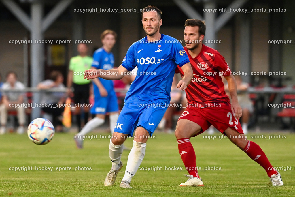 SV St.Jakob vs. SAK | #8 Mario Antunovic SAK, #23 Christoph Omann St.Jakob, SV St.Jakob vs. SAK, SV St.Jakob vs. SAK am 23.08.2024 in St. Jakob im Rosenthal (Sportplatz St. Jakob), Austria, (Photo by Bernd Stefan)