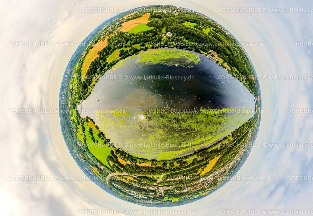 Witten240790003KemnaderSeeElodea | Luftbild, Kemnader Stausee mit Elodea, Wasserpest, Algenblüte, Segelboote und Stand-Up Paddeler, Fischaugenbild, Fish eye lens, Witten, Nordrhein-Westfalen, Deutschland