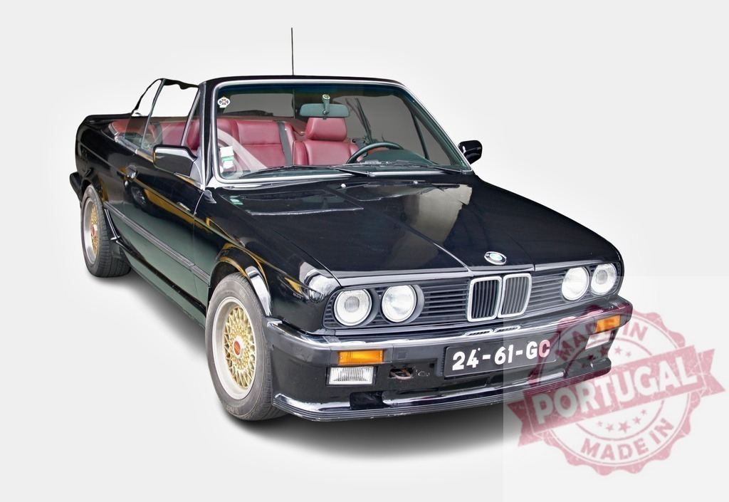 Black BMW E30 convertible with red leather interior and golden rims parked on white background | Classic BMW E30 convertible boasting a sleek black exterior, complemented by a vibrant red leather interior and stylish golden rims - Realisiert mit Pictrs.com