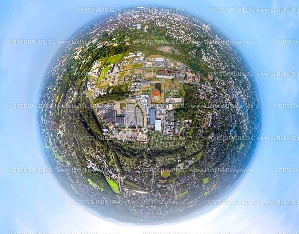 Dortmund231090022PhoenixWest | Luftbild, Gewerbegebiet Phoenix West, Technologiepark, Erdkugel, Fisheye Aufnahme, Fischaugen Aufnahme, 360 Grad Aufnahme, Hörde, Dortmund, Ruhrgebiet, Nordrhein-Westfalen, Deutschland