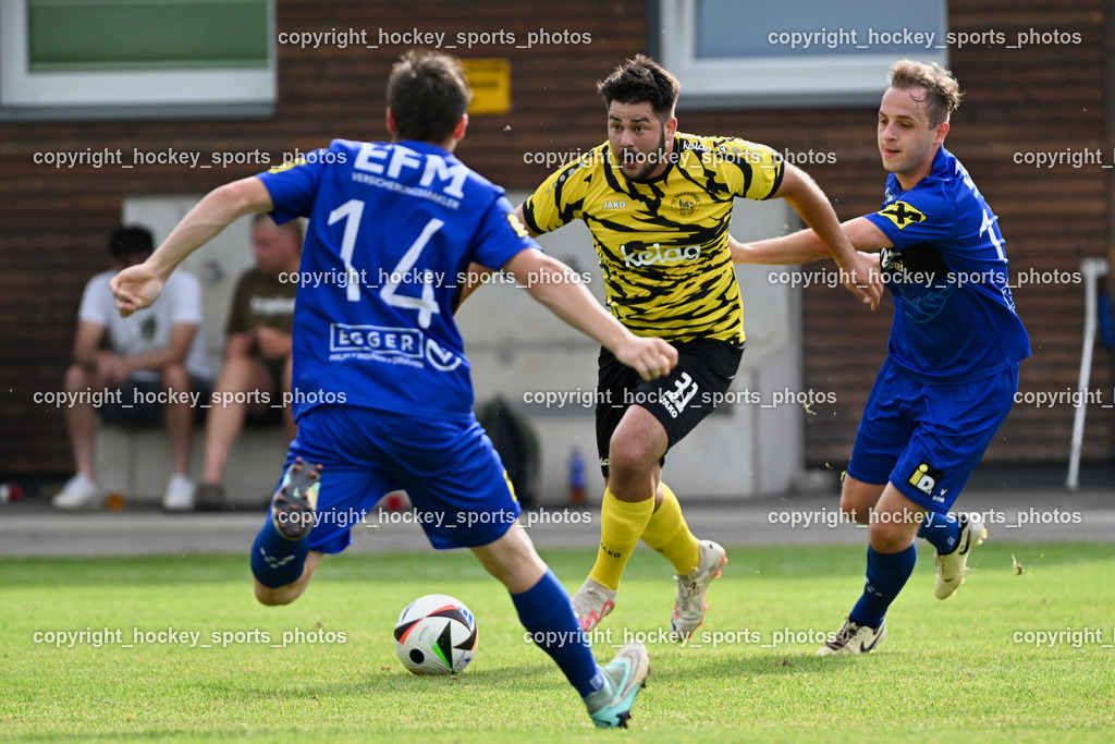 FC Faakersee vs. Union Matrei | #14 Philipp Wibmer Matrei, #31 Ariel Mulahalilovic FC Faakersee, #19 Luca Jakob Blassnig Matrei, FC Faakersee vs. Union Matrei, FC Faakersee vs. Union Matrei am 18.08.2024 in Finkenstein (Sportplatz Faakersee), Austria, (Photo by Bernd Stefan)